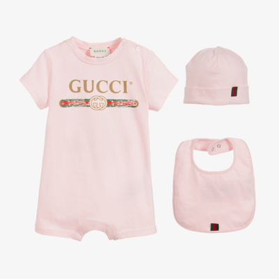 Gucci Girls Pink 3 Piece Babysuit Gift Set In Rosa