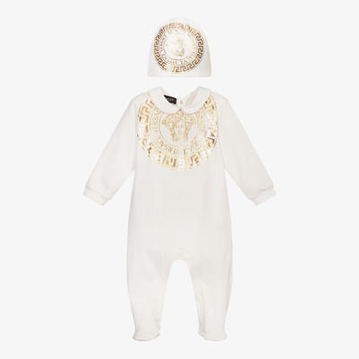 Versace Ivory Cotton Babygrow Gift Set In White+print