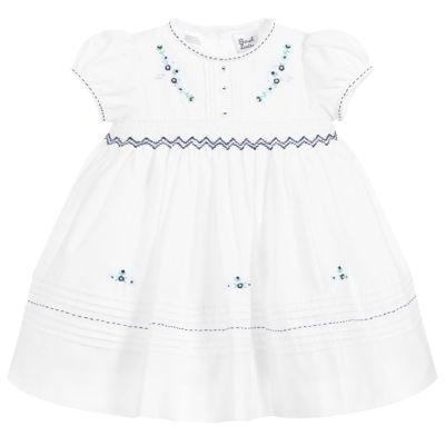 Sarah Louise Babies' Girls White & Navy Blue Smocked Dress