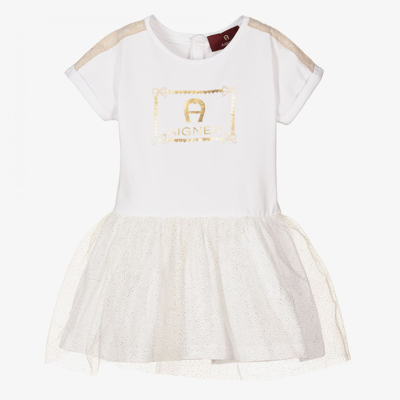 Aigner Babies'  Girls White & Gold Logo Dress