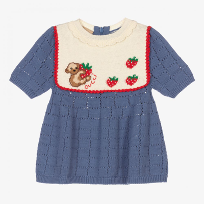 Gucci Babies' Girls Blue Bear Knitted Cotton Dress