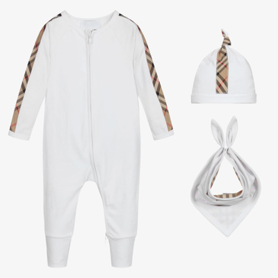 Burberry Babies' White 3 Piece Romper Gift Set