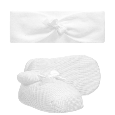 Story Loris Baby Girls White Headband & Booties Gift Set