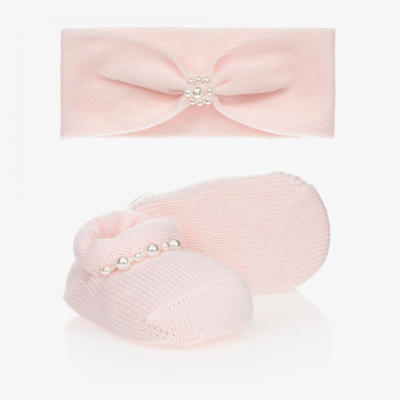 La Perla Girls Baby Headband & Booties Set In Pink