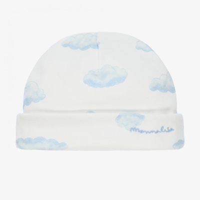 Monnalisa Ivory & Blue Cotton Baby Hat In Cream White + Sky Blue
