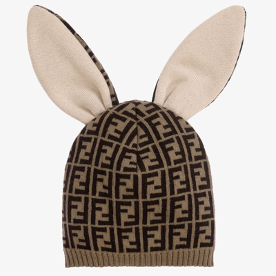 Fendi Babies' Ff图案提花兔耳造型套头帽 In Marrone