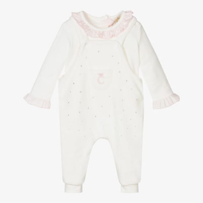 Caramelo Baby Girls Velour Dungaree Set In Ivory