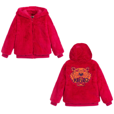 Kenzo Kids' Girls Faux Fur Tiger Hooded Jacket In Pink