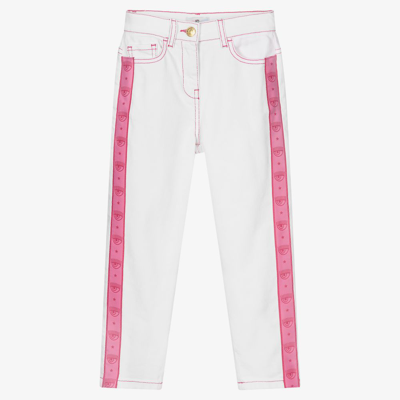 Chiara Ferragni Babies' Girls White Denim Logo Tape Jeans