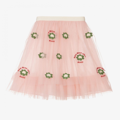 Gucci Babies' Mon Petit Chou Cauliflower-embroidery Tulle Skirt In Pink