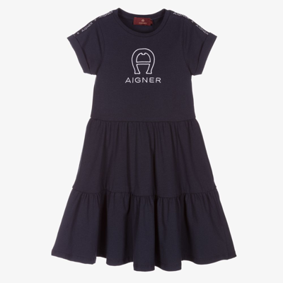 Aigner Babies'  Girls Blue Cotton Logo Dress
