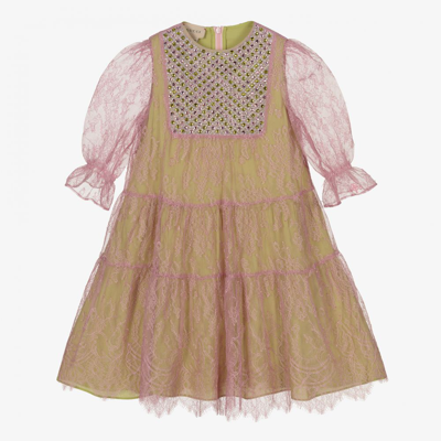 Gucci Kids' Girls Pink & Green Lace Dress