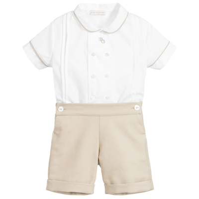 Beatrice & George Kids' Boys White & Beige Cotton Buster Suit