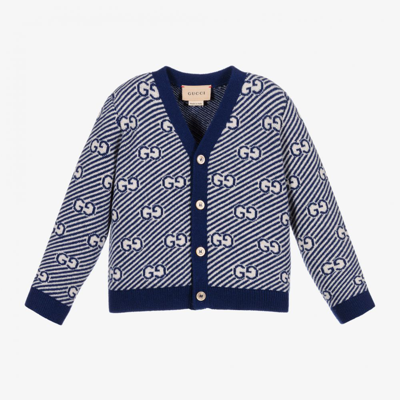 Gucci Babies' Gg Jacqurd Cardigan In Blue Wool