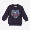 Kenzo Newborn Blue Sweatshirt With Front Logo Embroidery, Round Neck, Long Sleeves, Buttoning On The Shoul In Blue