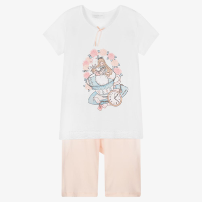 Story Loris Kids' Girls White & Pink Modal Alice Pyjamas