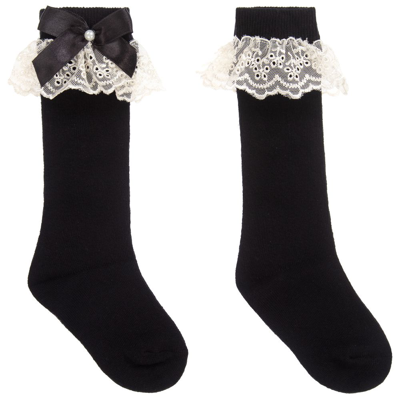 Beau Kid Girls Black Cotton & Lace Long Socks