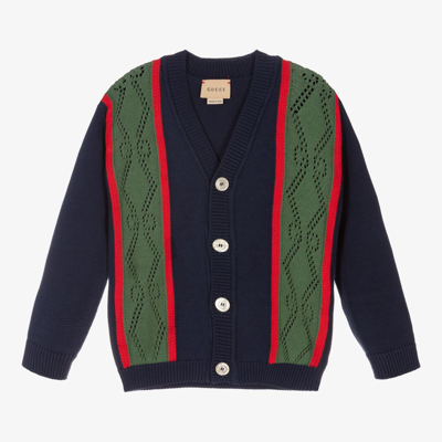 Gucci Kids' Contrast Panel Cotton Cardigan In Blue