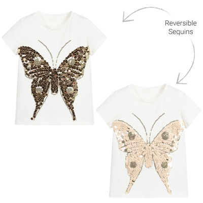 Childrensalon Occasions Kids' Girls White Sequin Butterfly T-shirt