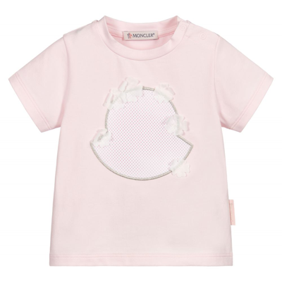 Moncler Babies' Pink Newborn T-shirt With Maxi Logo And Floral Applications