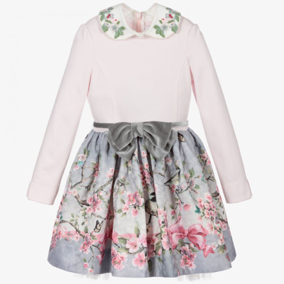Monnalisa Girls Pink & Grey Floral Dress In Cream + Grey