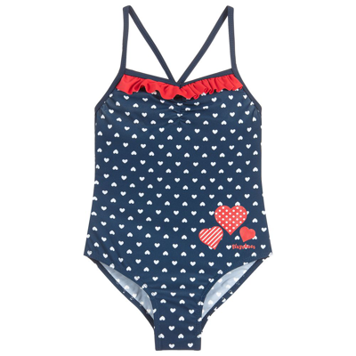 Playshoes Kids' Girls Blue & Red Hearts Swimsuit (upf50+)