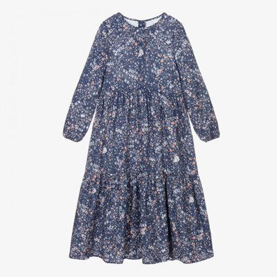 Ikks Kids' Girls Long Blue Floral Viscose Dress