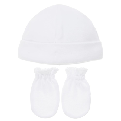 Babidu Babies' White Cotton Hat & Mittens Set