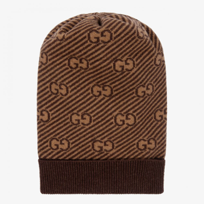 Gucci Diagonal Gg Pattern Jacquard Knit Hat In Beige/brown