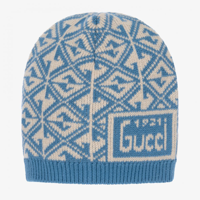 Gucci Kids' Baby G Rhombus Wool Jacquard Beanie In Blue