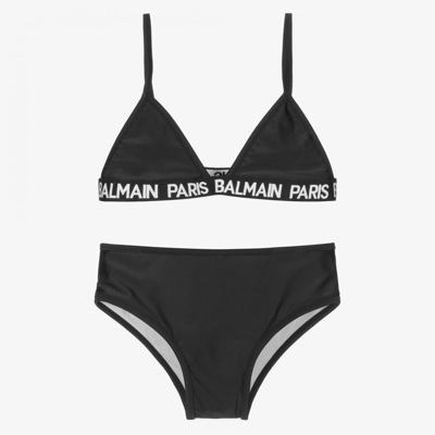 Balmain Kids' Triangle Style Logo Tape Bikini Set In Black