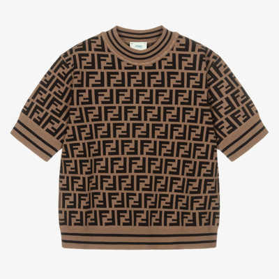 Fendi Girls Teen Brown Ff Knit Sweater In Brown Multi