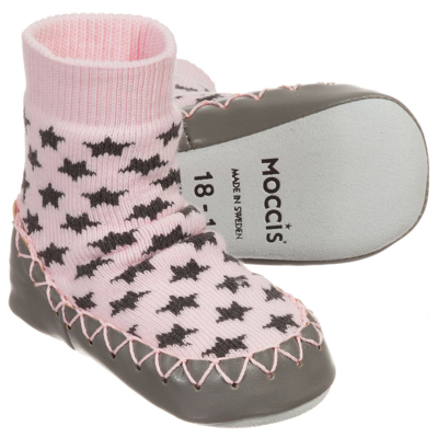Moccis Babies' Girls Pink & Grey Slipper Socks