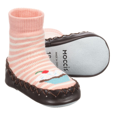 Moccis Babies' Girls Pink & Brown Slipper Socks