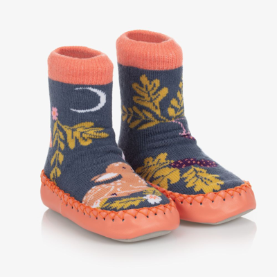 Powell Craft Babies' Girls Navy Blue Forest Slipper Socks