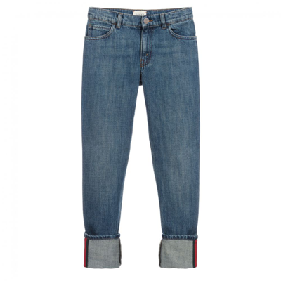 Gucci Light Blue Jeans With Multicolor Details In Denim