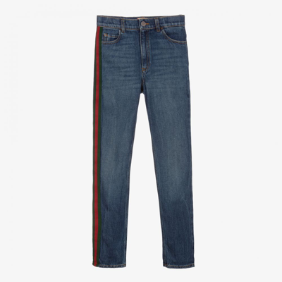 Gucci Kids' Mid Wash Straight Leg Jeans With Web Detail In Blue
