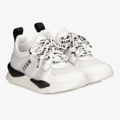 Msgm Kids'  White Leather & Mesh Trainers