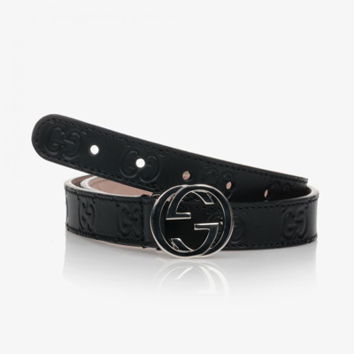 Gucci Babies' Black Leather Gg Logo Belt