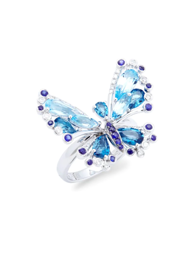 Effy Women's 14k White Gold, Diamond & Blue Topaz Butterfly Ring/size 7