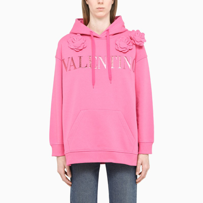 Valentino Floral Appliqué Logo Embroidered Cotton Hoodie In Pink