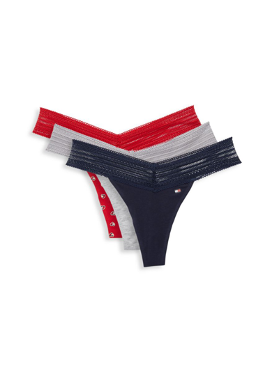 Tommy Hilfiger Women's 3-pack Lace-waist Thongs In Navy Red Multi | ModeSens
