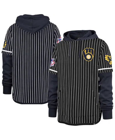 47 Brand Men's Navy Milwaukee Brewers Pinstripe Double Header Pullover Hoodie