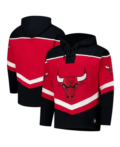 47 Brand Men's Red Chicago Bulls Oversized Tri-satin Layup Lacer Pullover Hoodie In Black