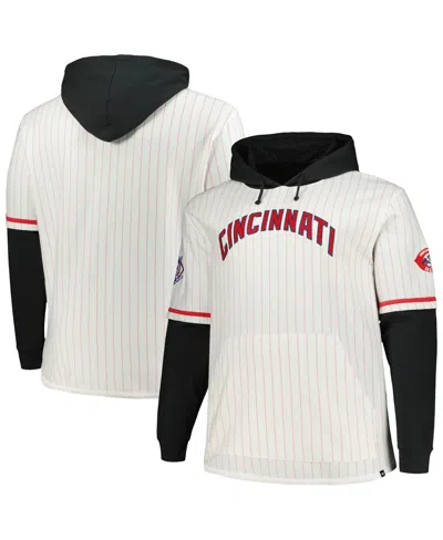 47 Brand Men's White/black Cincinnati Reds Big Tall Pinstripe Double Header Collection Pullover Hoodie In White,black