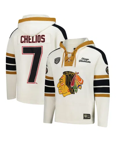 47 Brand Men's Chris Chelios Cream Chicago Blackhawks Blue Line Heritage Name & Number Lace-up Pullover Hoodi