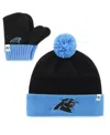 47 Brand Toddler Unisex Black And Blue Carolina Panthers Bam Bam Cuffed Knit Hat With Pom And Mittens Set In Black,blue