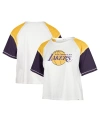 47 BRAND WOMEN'S '47 BRAND CREAM DISTRESSED LOS ANGELES LAKERS PREMIER RAGLAN CROPPED T-SHIRT