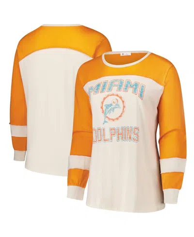47 Brand Women's Cream/orange Miami Dolphins Plus Size Double Header Curve Toni Long Sleeve T-shirt