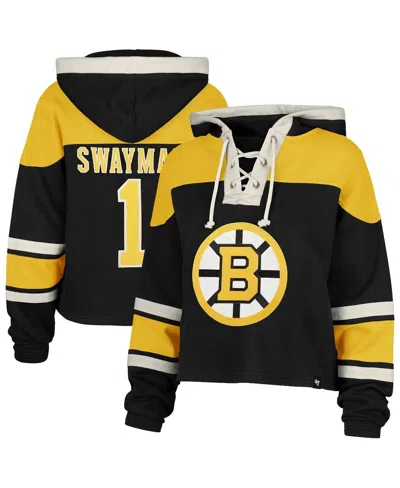 47 Brand Women's Jeremy Swayman Black Boston Bruins Superior Lacer Cropped Pullover Hoodie